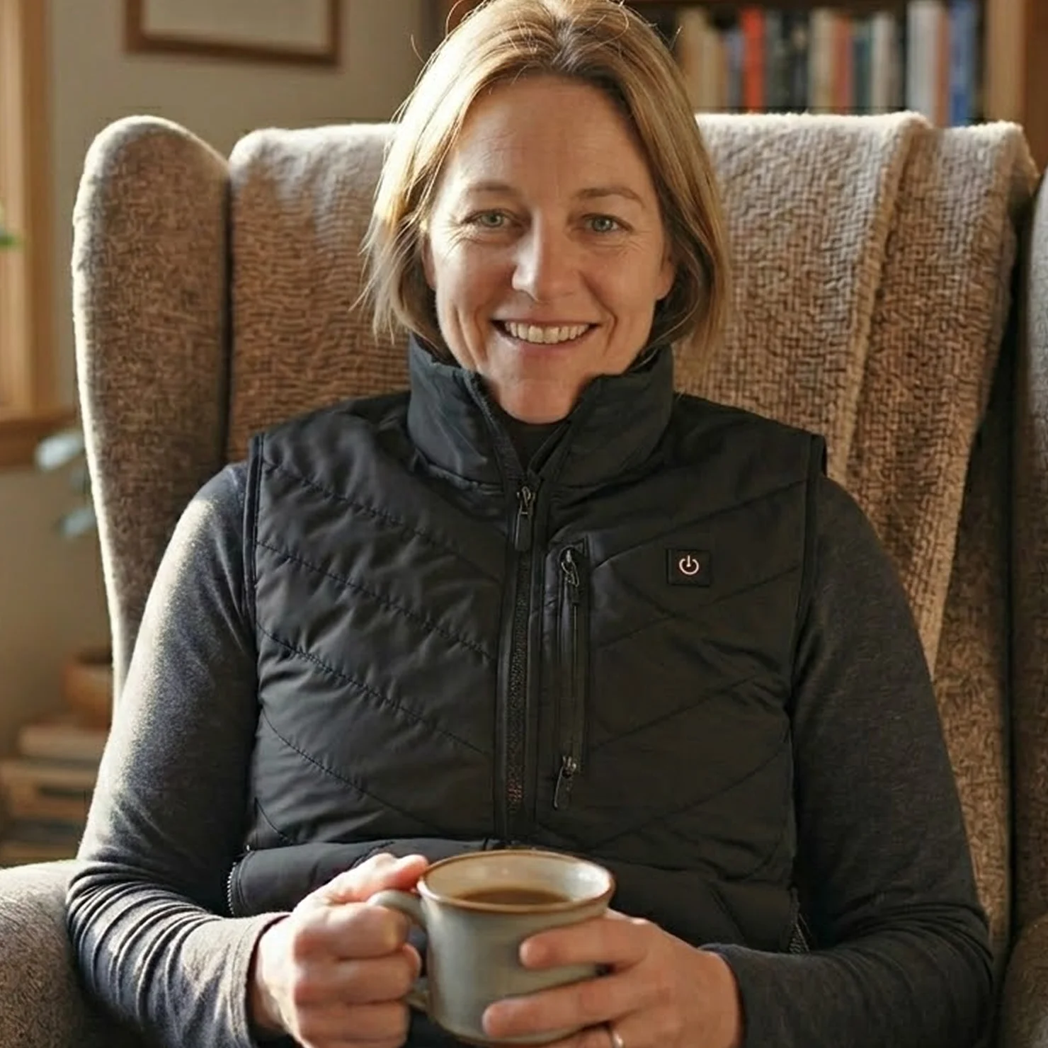 Woman wearing the heated vest indoors holding a mug