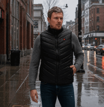 Man wearing the slim heated vest on a city street