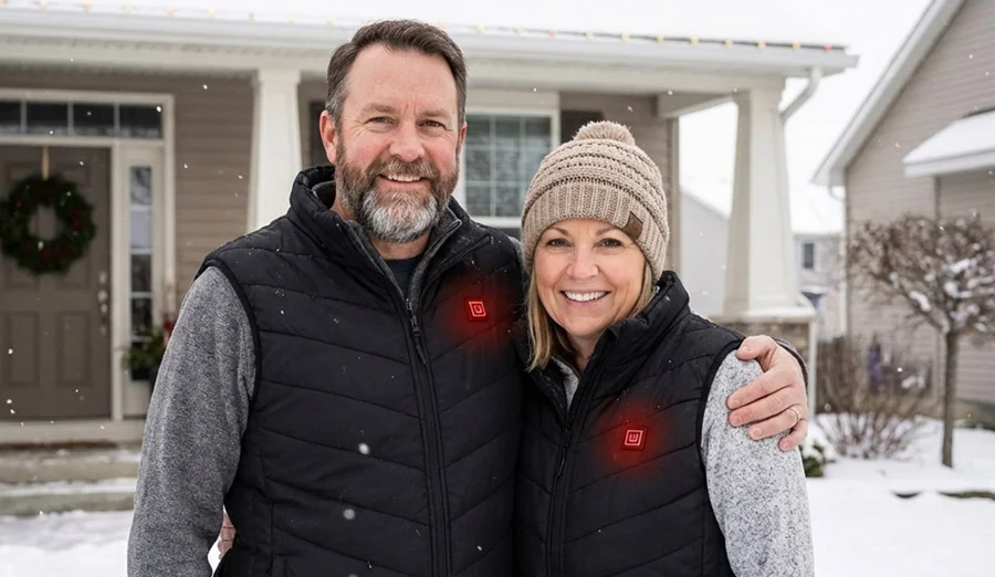 A couple wearing matching heated vests in the snow