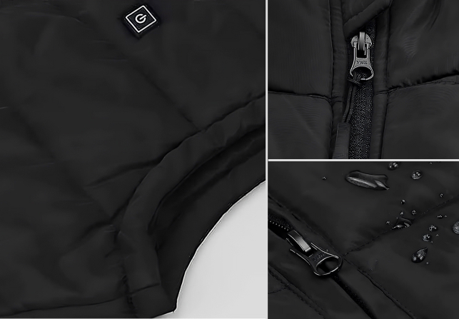 Close-up details of the vest's button, zips and pocket