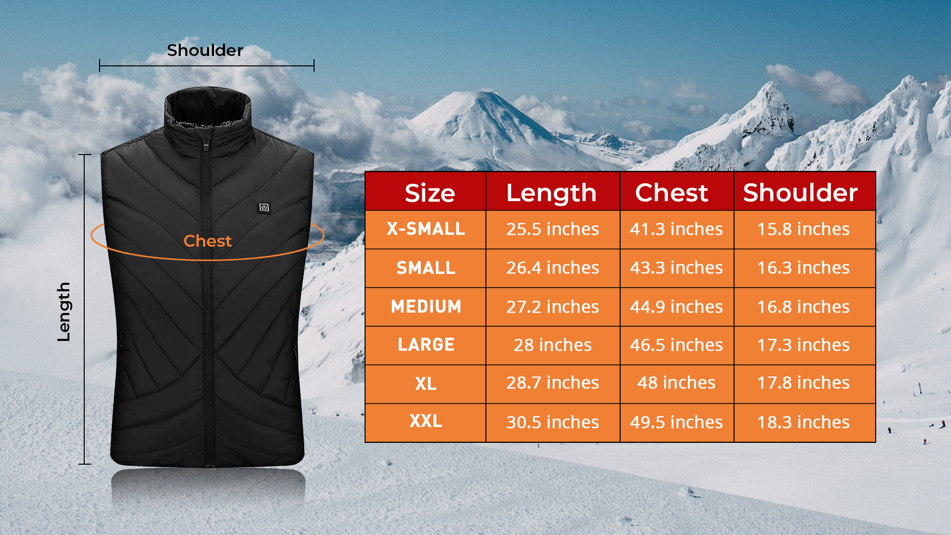 Solana Gear heated vest size chart