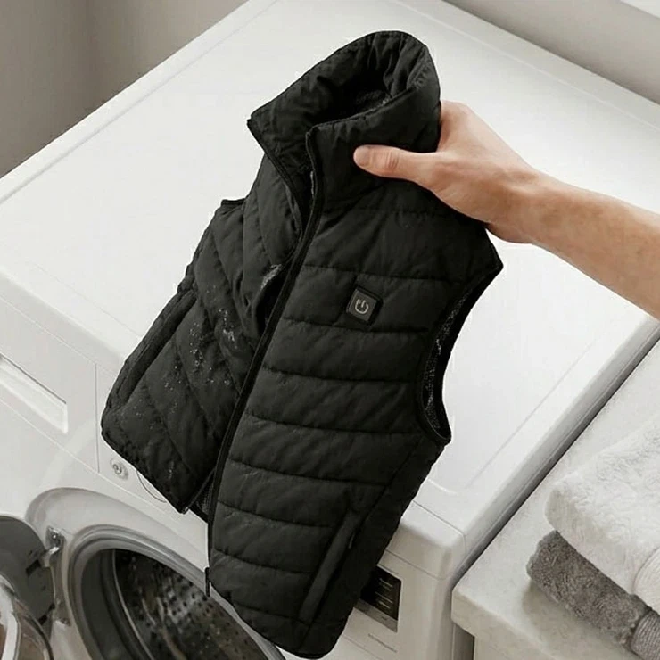 The vest being placed in a washing machine