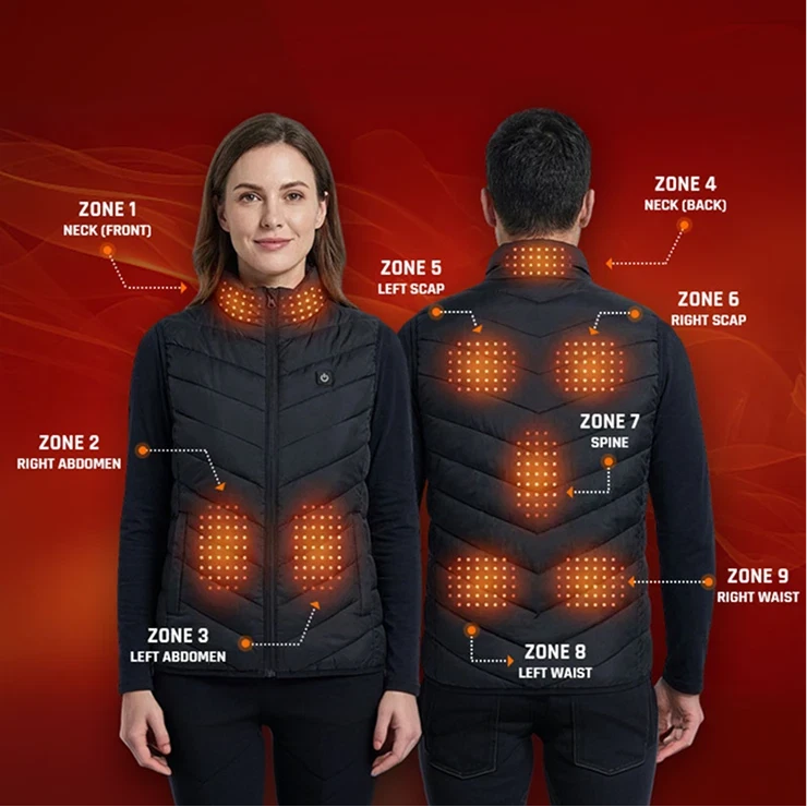 The nine heating zones of the vest